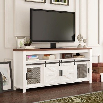 COUCHETA 70 Inch Farmhouse TV Stand with Sliding Barn Doors & Mesh Panels, Rustic Industrial Media Console, Ample Storage, White