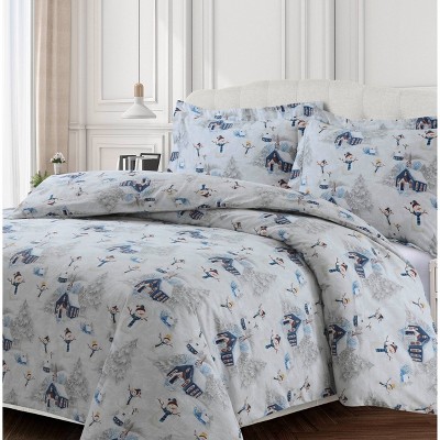 Snowman Cotton Flannel Printed 3pc Oversized Duvet Set - Tribeca Living