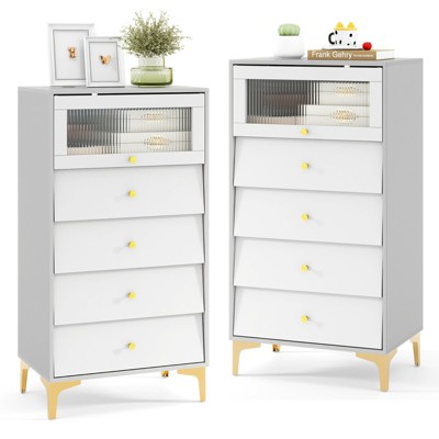 Tangkula 2 PCS 4 Drawer Dresser 44.5" Tall Dresser Chest of Drawers w/Flip-up Fluted Glass Door