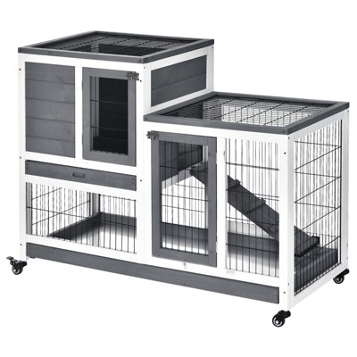 PawHut Wooden Rabbit Hutch Elevated Bunny Cage Indoor Small Animal Habitat with Enclosed Run with Wheels, Ramp, Removable Tray for Guinea Pigs