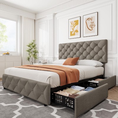 Queen Bed Frame with Storage Drawers, Adjustable Headboard, Faux Leather Upholstery, No Box Spring Needed