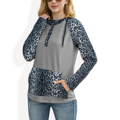 Anna-Kaci Women's Leopard Contrast Relaxed Fit Hoodie with Kangaroo Pocket