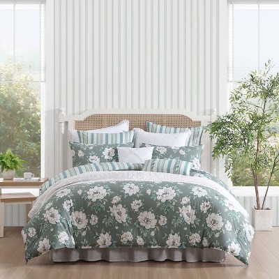 Laura Ashley Wisley Floral Green King 7pc Comforter Sham Bonus Set