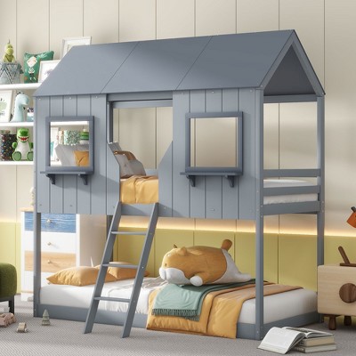 Twin Over Twin Wood Bunk Bed with Roof and Window