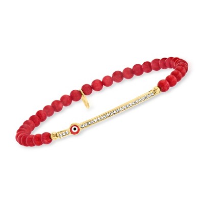 Ross-Simons 4mm Simulated Red Coral Bead and .10 ct. t.w. CZ Evil Eye Stretch Bracelet With Enamel in 18kt Gold Over Sterling Size