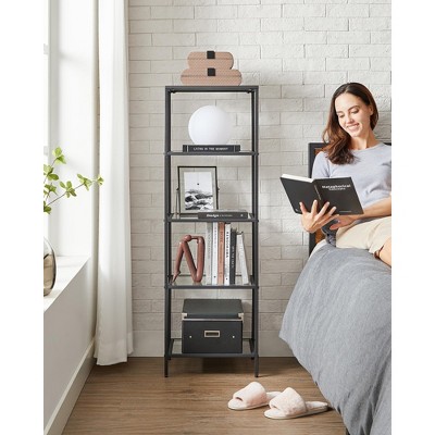 5-Tier Slim Bookshelf with Tempered Glass Shelves, Gold Steel Frame Narrow Shelving Unit, for Office Bathroom Bedroom