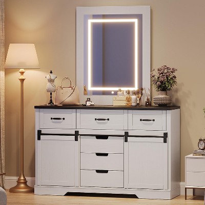 TROPOW 47" Dresser with Mirror, Coffee Bar Cabinet with Sliding Barn Door, Sideboard Cabinet with Drawers, Rustic Storage Cabinets