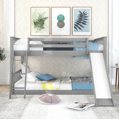 PAGED Full over Full Bunk Bed Modern Simple Pine Bed Frame with Convertible Ladder and Slide, Guardrail for Bedroom