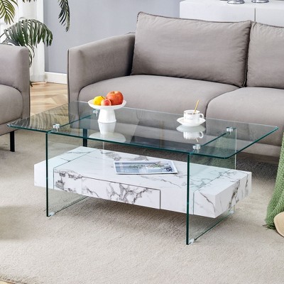 NicBex Modern 2-Tier Wooden Coffee Table with Storage, Clear Tempered Glass Top & Texture Open Shelf,Center Table for Living Room