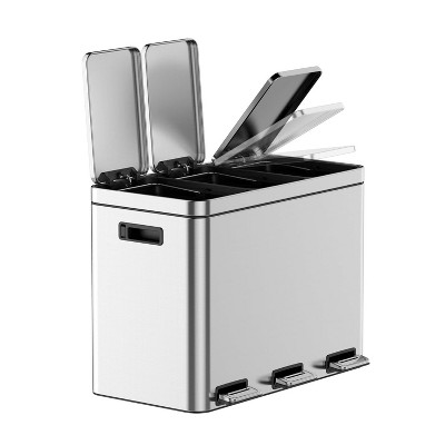 Trash Can, Compartment Garbage Bins, Stainless Steel Recycling Bin for Kitchen, Office, Restaurant, Silver