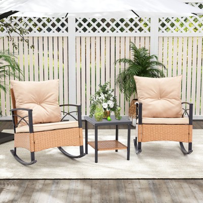 EROMMY 3-Piece Bistro Set,Outdoor PE Rattan Rocking Chairs with Cushions and Coffee Table,Patio Rocker Chair Set for Porch and Backyard