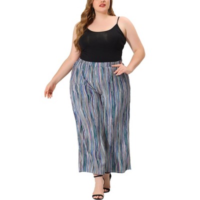 Agnes Orinda Women's Plus Size Boho Palazzo Elastic Waist Stripe Wide Leg Lounge Pants with Pocket