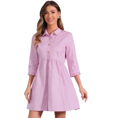 INSPIRE CHIC Women's 3/4 Sleeve Button Front Solid Color Flare Mini Shirt Dress