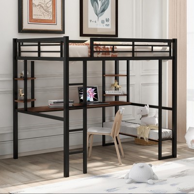 Full Size Loft Bed with Long Desk and Shelves for Bedroom