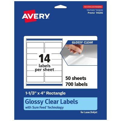 Avery Glossy Clear Rectangle Labels with Sure Feed, 1-1/3" x 4"