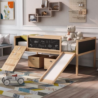 CAVINAS Twin Size Loft Bed with Storage Boxes & Blackboard & Slide,Wooden Bed Frame for Kids Room,Bedroom