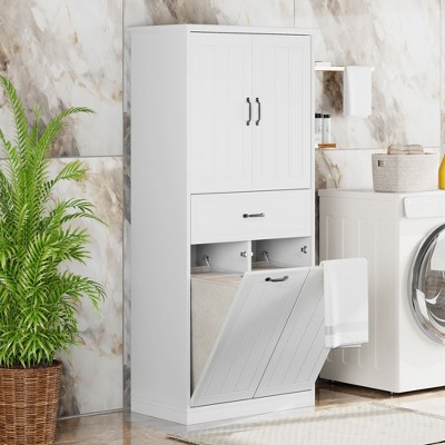 NicBex Tall&Wide Freestanding Bathroom Storage Cabinet,Versatile Storage Cabinet with Adjustable Shelves,1 Drawer&2 Tilt-Out Hampers