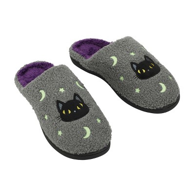 Halloween Black Cat Glow Moon & Stars Adult Gray Scuff Slippers
