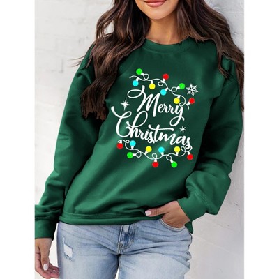 Womens Christmas Sweatshirt Merry Bright Christmas T-Shirt Long Sleeve Lightweight Holiday Pullover Tops