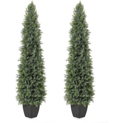2 Pack 3FT Artificial Cedar Topiary Trees, UV Resistant Bushes Potted Pine Trees for Front Porch Garden, Faux Shrubs Plants