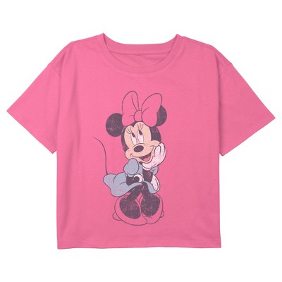 Girl's Mickey & Friends Distressed Sitting Happy Minnie Graphic Graphic Cropped T-Shirt