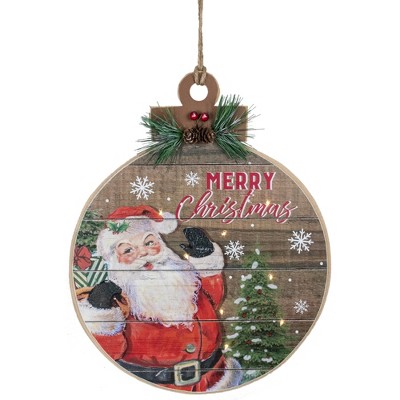 Northlight 15" B/O Lighted Ball Ornament with Santa Claus Wooden Christmas Wall Sign