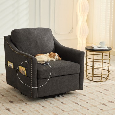 VASIP 360 Degree Swivel Accent Chair - Dark Grey Upholstered with USB Port,Magazine Pocket, for Living Room,Hotel Bed Room