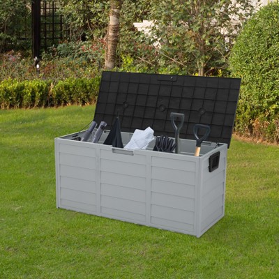 DSVIMOY 75gal Lockable Outdoor Garden Plastic Storage Deck Box for Tools Cushions Toys, Grey & Black, 44"*19.3"*21.3"