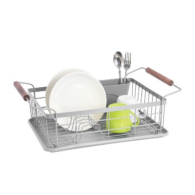 Trio Home 3-Piece Kitchen Counter Dish Drying Rack, wood handle, Removable Utensil Holder and Drainboard, Stainless steel