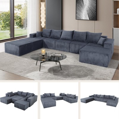 8-Piece U-Shaped Corduroy Modular Sectional Sofa with Oversized Chaise Lounge, Convertible Bed, No Assembly Needed, Flexible Configuration