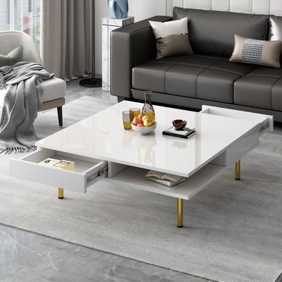 LOVMORExquisite High Gloss Coffee Table with 4 Golden Legs and 2 Small Drawers, 2-Tier Square Center Table for Living Room