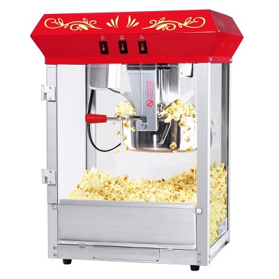 Great Northern Popcorn 8 oz. Antique Style Foundation Countertop Popcorn Machine with Kettle, Old Maids Drawer, Warming Tray and Scoop - Red