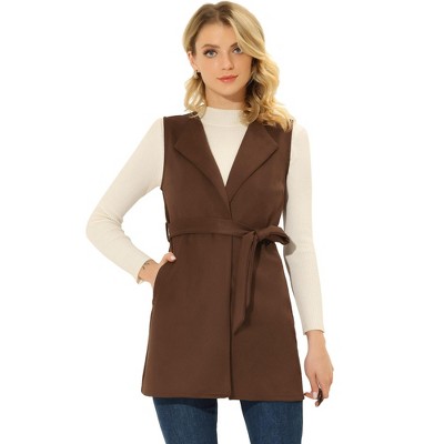 Allegra K Women's Faux Sueded Belted Long Sleeveless Blazer Vest