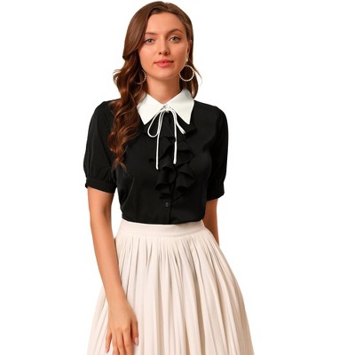 Allegra K Women's Contrast Collar Tie Ruffle Front Button Short Sleeve Work Shirt