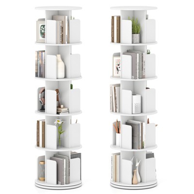 Costway 1/2 PCS 5-Tier Rotating Bookshelf 360° Display Rack with Dividers & Anti-falling Baffles Natural/White