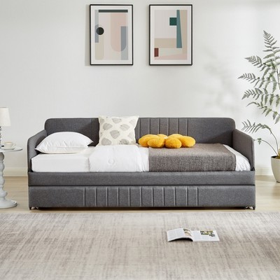 Twin Size Metal Daybed with Trundle, Sofa Bed with Linen Upholstery in Gray - ModernLuxe