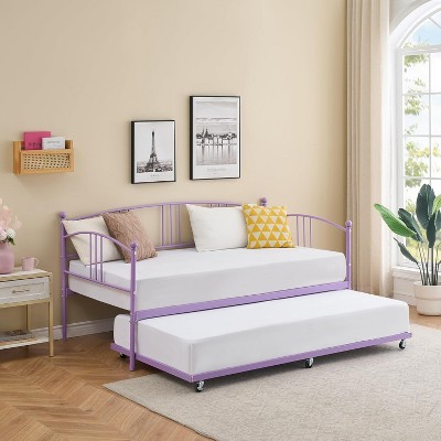 Purple Twin Metal Daybed with Trundle, Arched Headboard Pullout Sleeper with Steel Slats, No Box Spring Needed, Easy Assembly