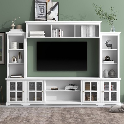 CAVINAS Minimalism Entertainment Wall Unit with Bridge Modern TV Stand with Tempered Glass Door for TVs Up to 70"