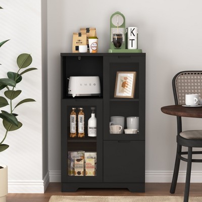 MAYEERTY Cabinet MDF Painted with Glass Doors Drawer Open Storage Black for Bedroom Living Room
