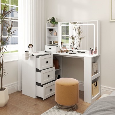 Okak Vanity Table with Lights, Makeup Vanity with Power Strip, Dressing Table Set with 3 Large Drawers, Vanity Mirror 3 Lighting Color