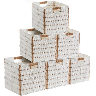 Ornavo Home 6 Pack Paper Wicker Storage Shelf Basket Cube Bin with Handles