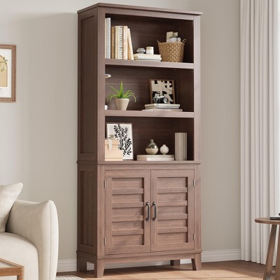 Bookcase with Door 5 Tier Storage Bookshelf Wooden Farmhouse Bookshelves