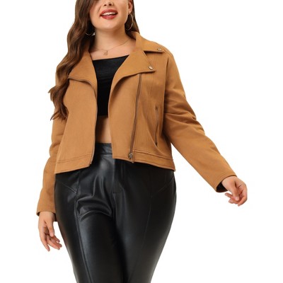 Agnes Orinda Women's Plus Size Winter Suede Cropped Moto Biker Zip Up Faux Suede Jackets