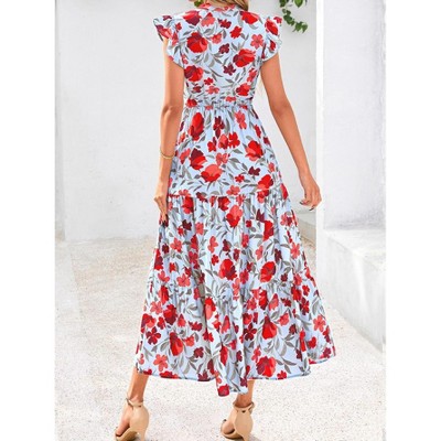 Women's Summer Floral Midi Dress Cap Sleeve V Neck Ruffle Long Flowy Boho Casual Beach Vacation Dresses