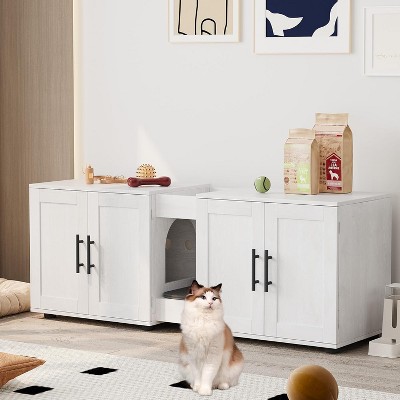 Double Cat Litter Box Enclosure with Litter Mat, Wooden Hidden Cat Washroom Furniture for 2 Cats, Storage Cabinet, 55" L x 17.7" W x 20.6" H