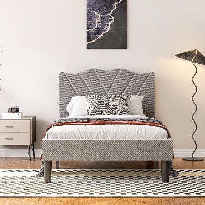 CAVINAS Modern Platform Bed, Queen Size Bed Frame with Upholstered Headboard & Wooden Slats - No Box Spring Needed, Easy Assembly