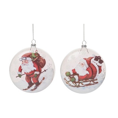 Transpac 5.5 in Multicolored Christmas Santa Ski and Sled Ornament Set of 2 Glass Tree Ornaments for Holiday Decor