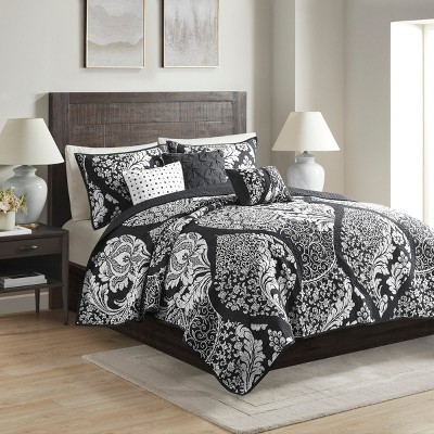 6 Piece Printed Cotton Quilt Set with Throw Pillows Black Full/Queen