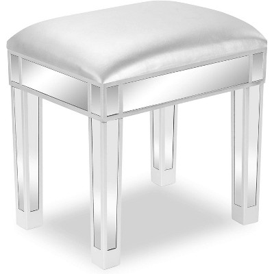 VINGLI Mirrored Vanity Stool with Storage, Faux Leather Ottoman, Makeup Dressing Table Bench, Silver
