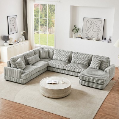 129" Oversized Sectional Sofa U-shaped Sofa Couch Modern Sofa Upholstered in Soft Corduroy with a Chaise Lounge for Living Room, Beige